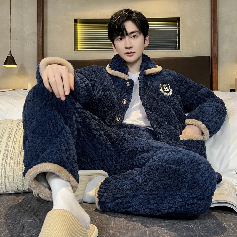 男士秋冬三层加厚夹棉睡衣珊瑚绒