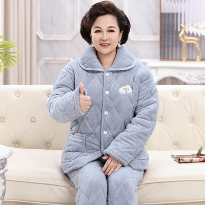 中老年妈妈三层夹棉保暖家居服套