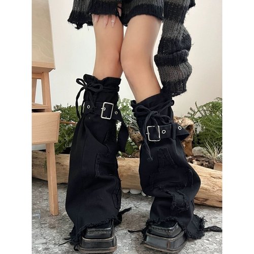 y2k腿套牛仔套袜黑色裤管小腿套喇叭袜套抽绳十字架设计感辣妹潮