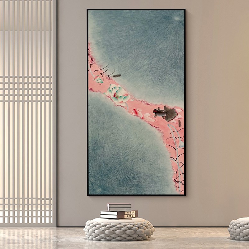 速发荷叶荷花手绘油画新中式客厅锦鲤装饰画入户玄关过道卧室禅意图片