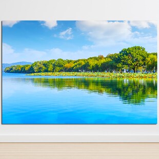 速发湖泊森水青山绿水树木湖林蓝天白云意境聚财风景画厅店客酒墙