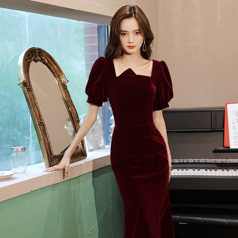 速发丝绒酒红子敬酒服小个色回门服新娘平时可穿订婚礼服鱼尾