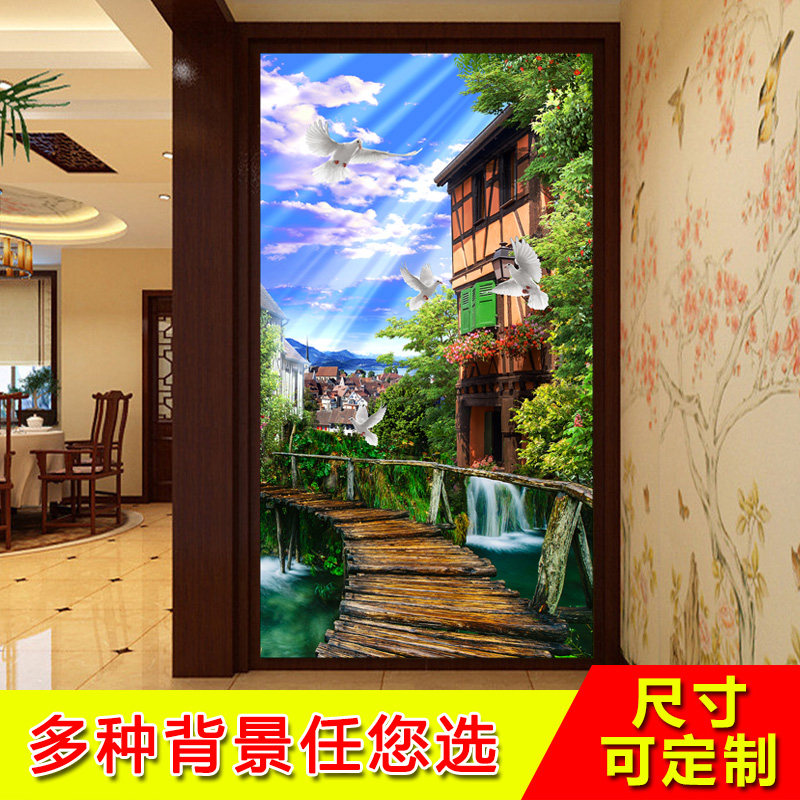 速发壁画道粘入户玄关装饰画竖版背纸贴景墙过自走廊壁纸墙面装饰