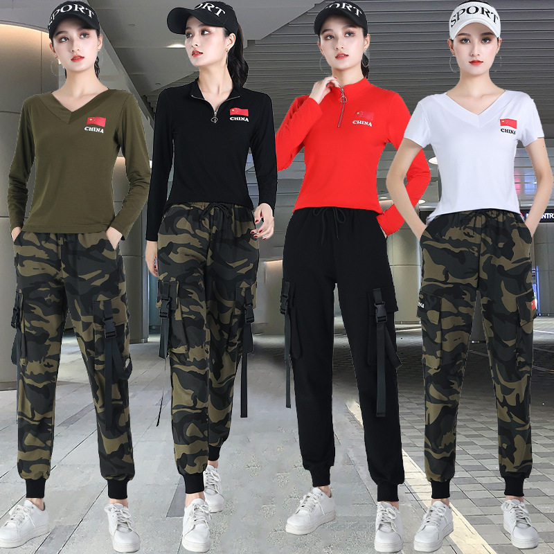 速发鬼动舞服装新款迷彩服运步套装长袖演场舞t恤水兵舞广出服春