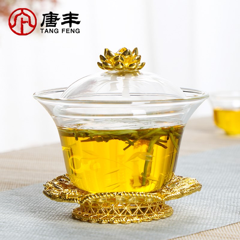 速发玻璃盖碗镀金家用耐热三才碗功夫敬茶碗手抓泡茶器透明10160