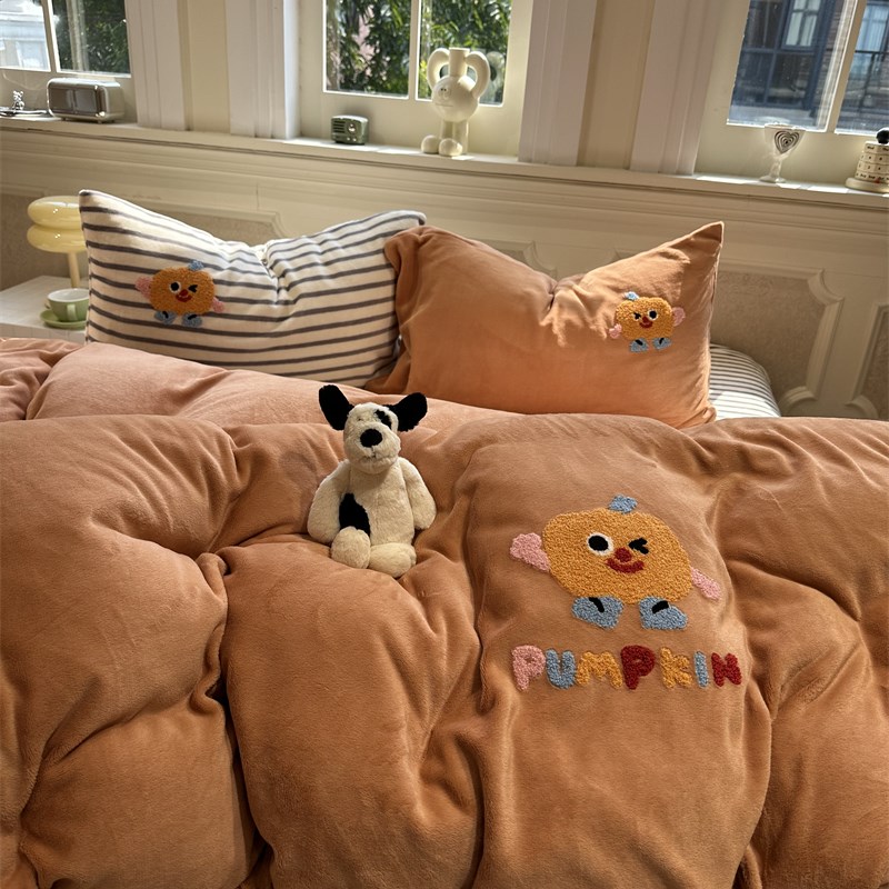 速发甜趣南瓜牛奶绒毛巾绣黑白条纹四件套1.5适1.8舒m保加暖厚秋