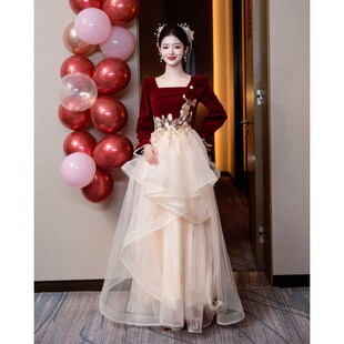 速发红色长袖敬酒服结婚新娘孕妇回门高级感订婚礼服裙大码冬季