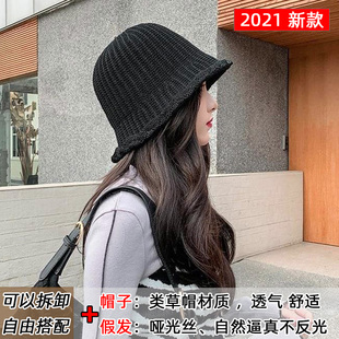 春秋夏天新款大波浪长卷发假发帽子时尚女圆顶盆帽防晒草帽太阳帽