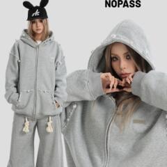 NOPASS 国潮情侣原创美式不规则珍珠连帽卫衣宽松加绒开衫外套女