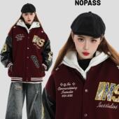 NOPASS 国潮情侣原创美式 编织贴布刺绣字母棒球服夹棉夹克外套女