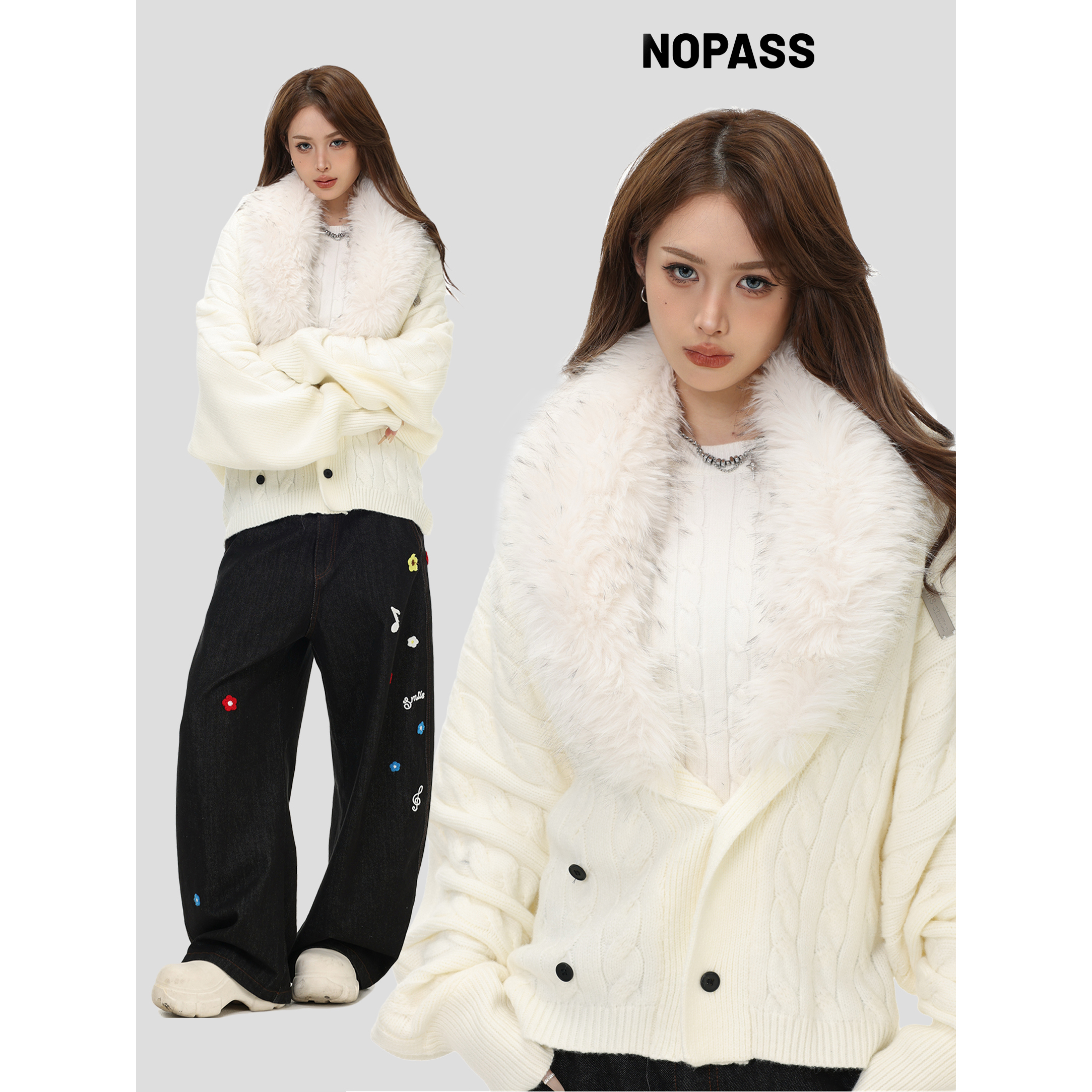 NOPASS大毛领蝙蝠袖开衫毛衣