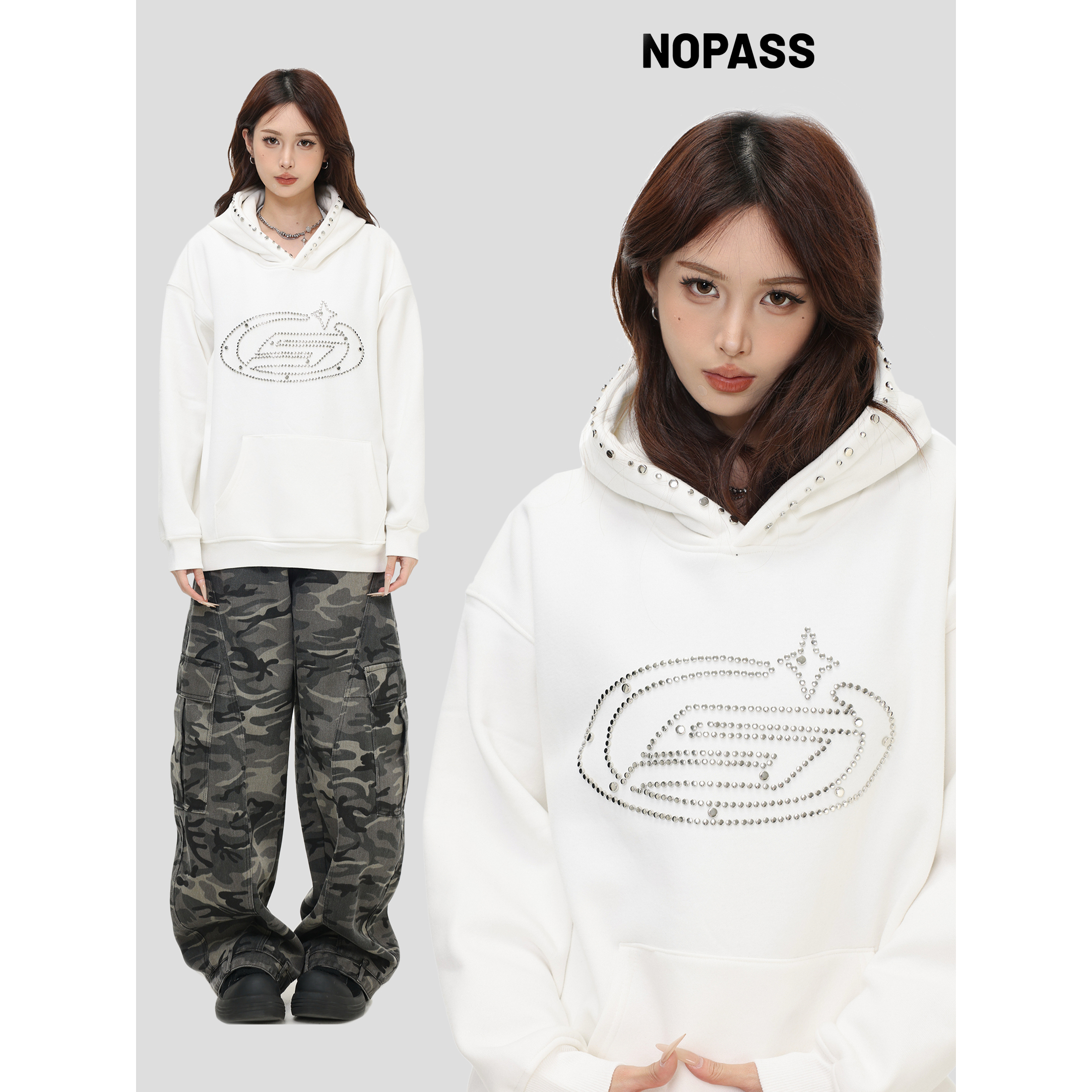 NOPASS钢珠LOGO钉珠连帽卫衣