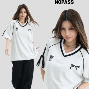 宽松运动球衣风t恤女 V领系带蝴蝶结短袖 NOPASS 国潮情侣原创美式
