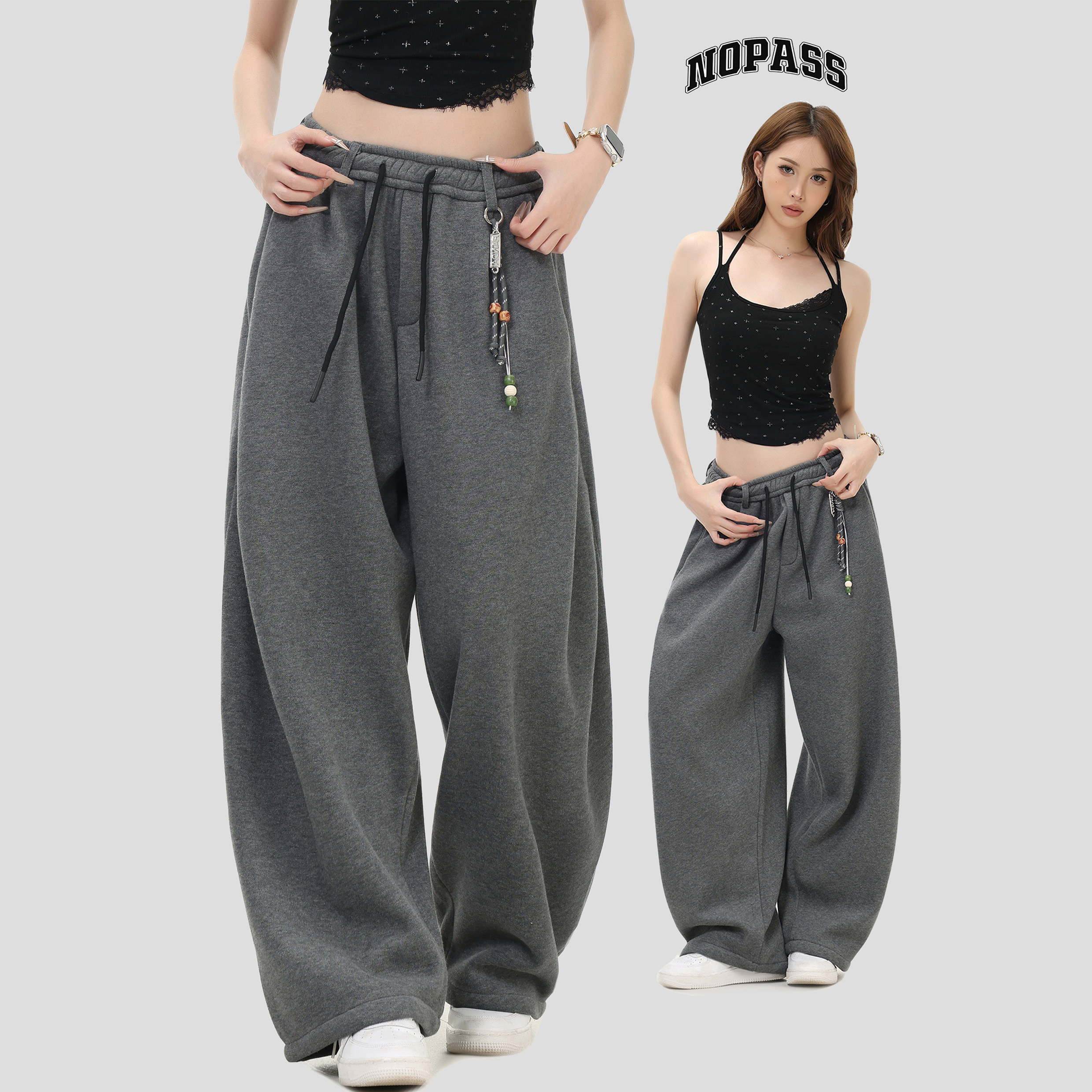 NOPASS复古铆钉弯刀卫裤