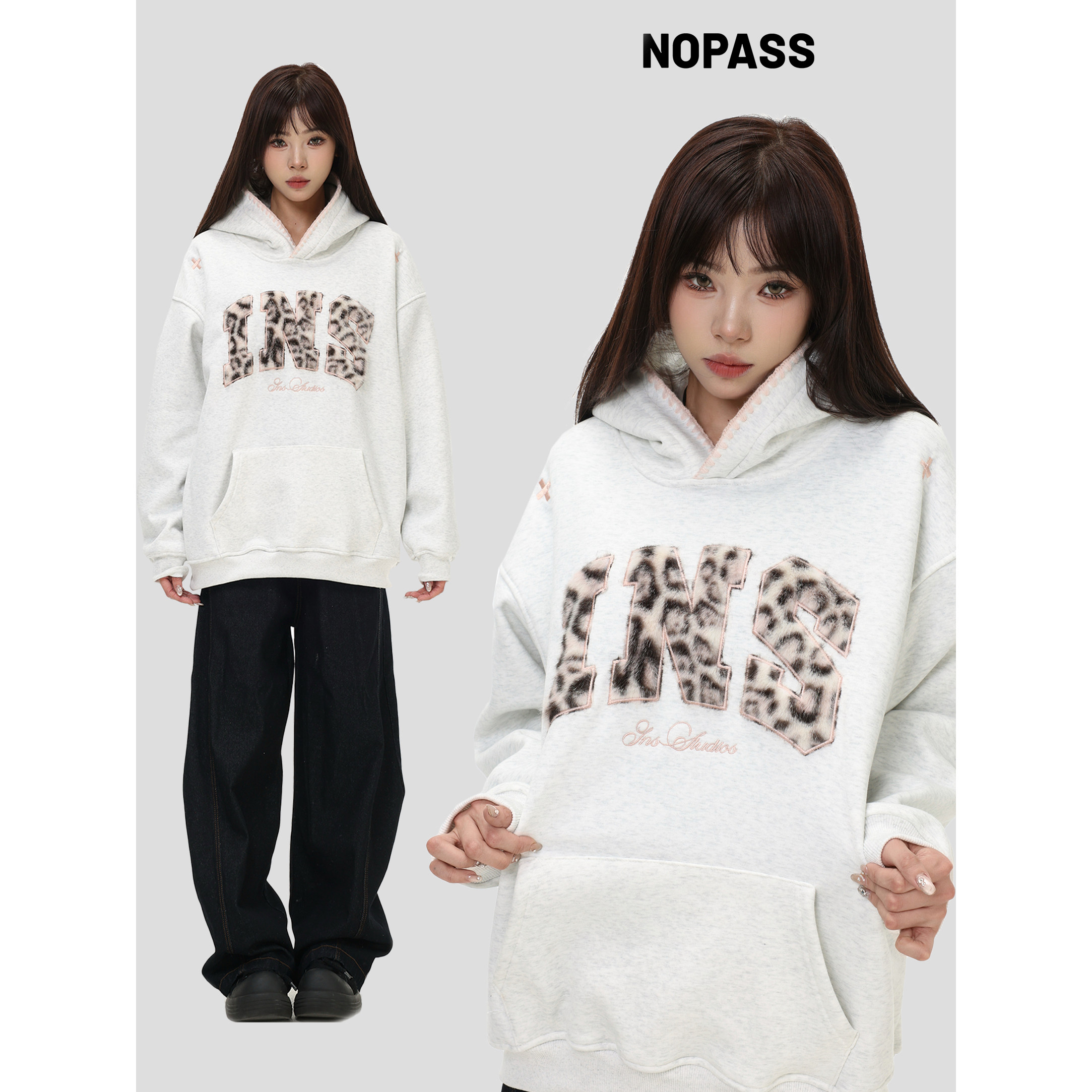 NOPASS豹纹贴布绣连帽卫衣