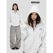 外套男女 「拼接铆钉拉链卫衣」宽松连帽开衫 NOPASS 国潮原创美式
