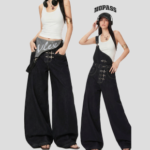 宽松三穿牛仔裤 春季 国潮原创复古可拆卸单肩飞机扣背带裤 NOPASS