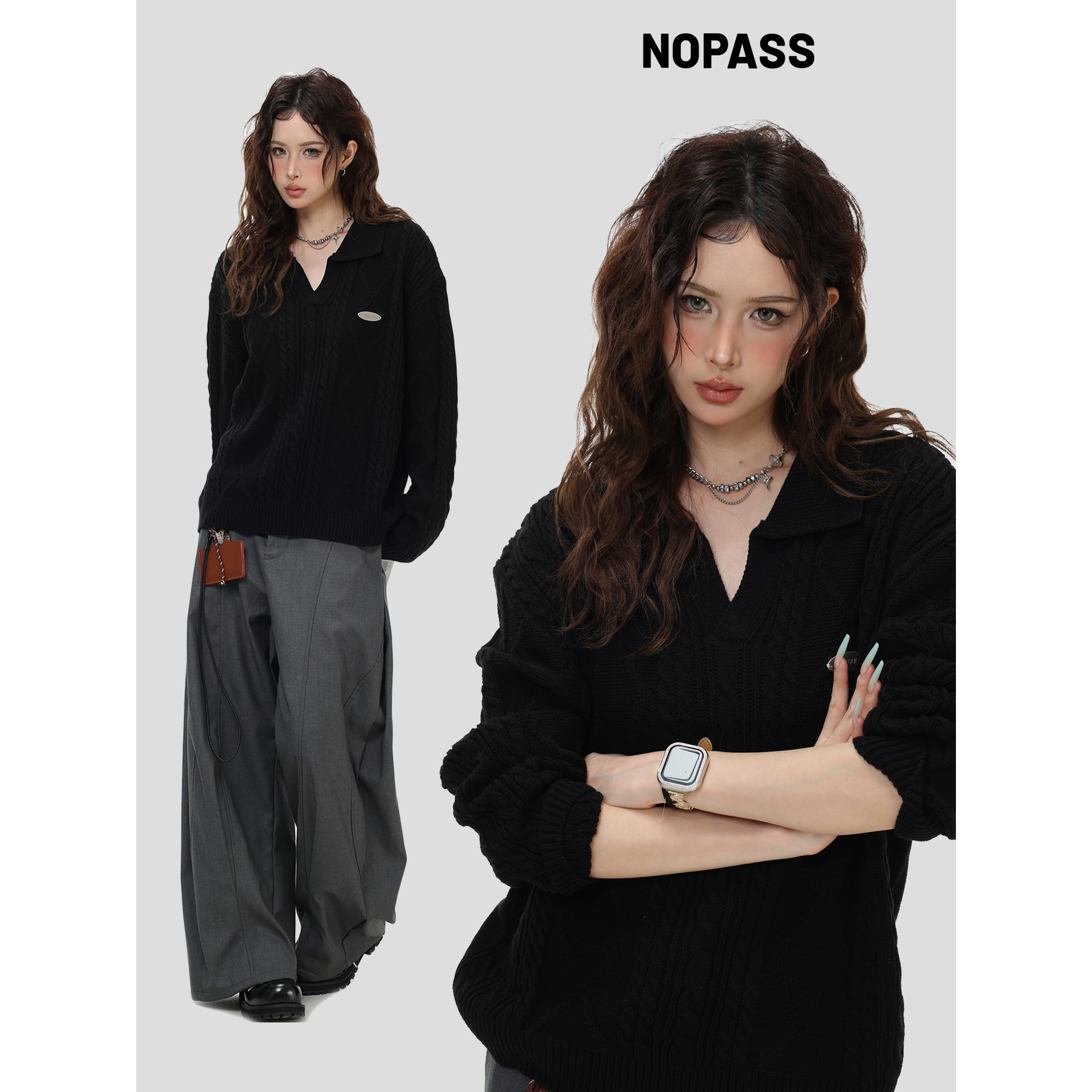 NOPASS「菱格麻花V领毛衣」