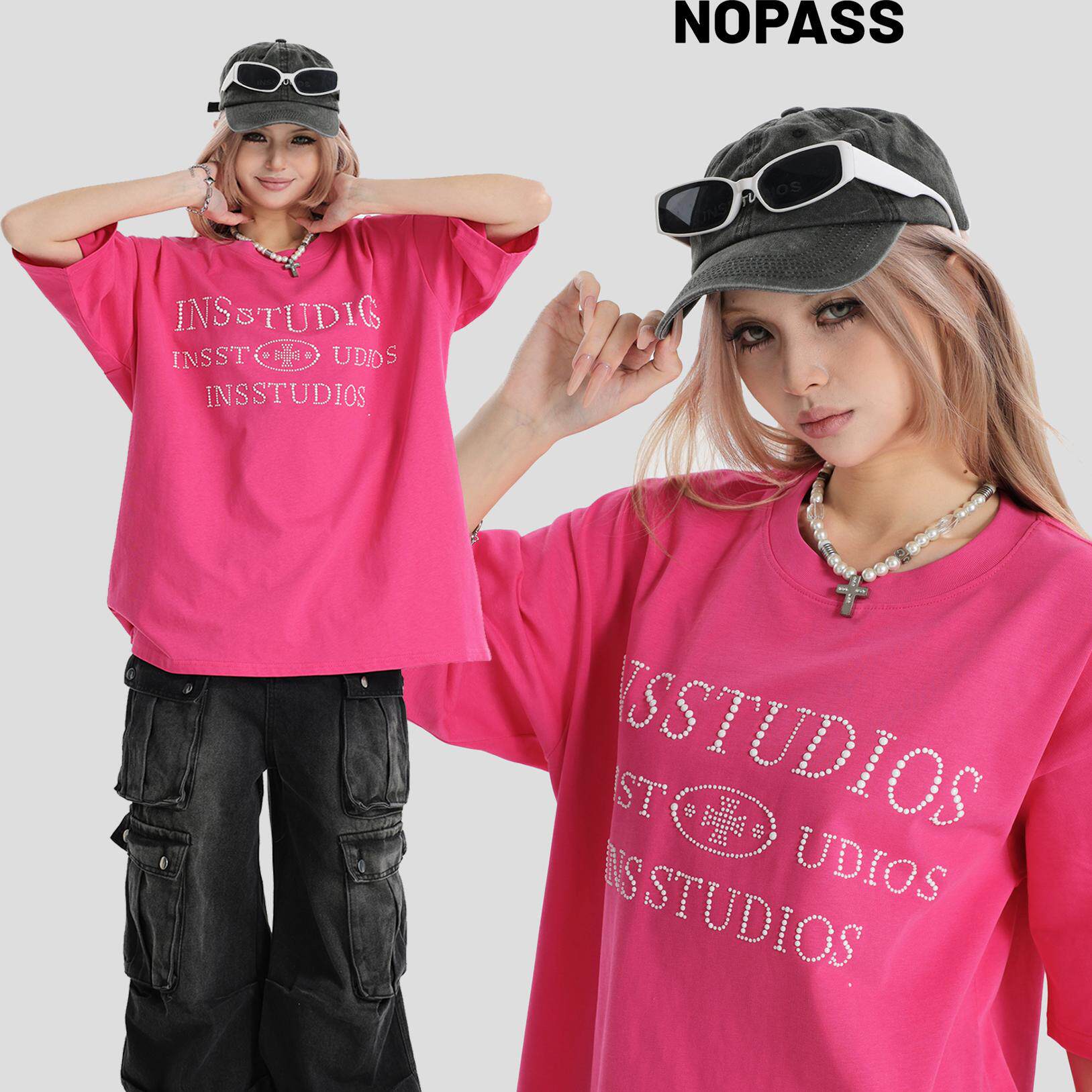 NOPASS烫钻珍珠字母短袖