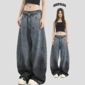 NOPASS 女 宽松水洗牛仔长裤 国潮情侣原创美式 复古泼墨涂鸦弯刀裤