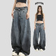 NOPASS 女 宽松水洗牛仔长裤 国潮情侣原创美式 复古泼墨涂鸦弯刀裤