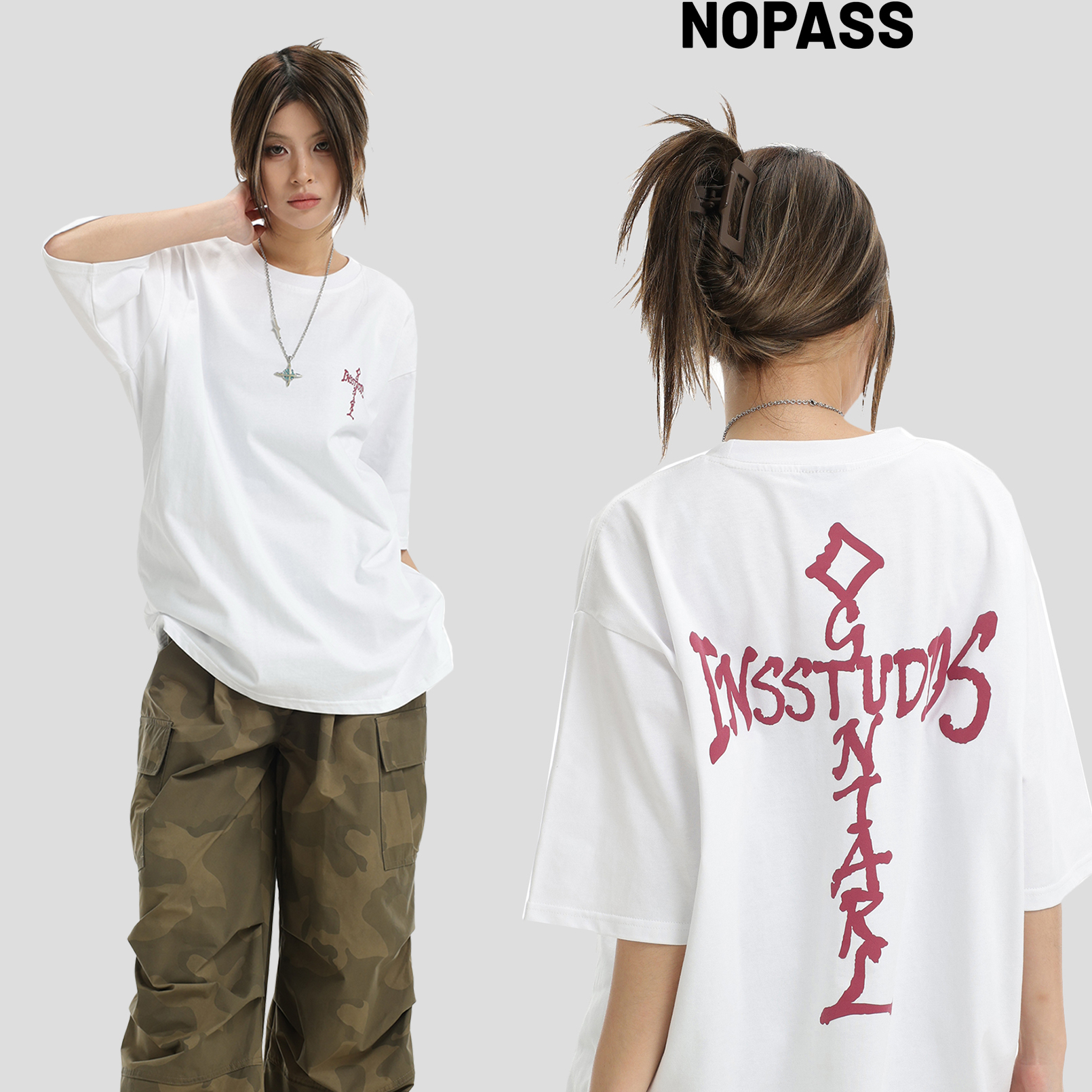 NOPASS发泡十字架字母短袖