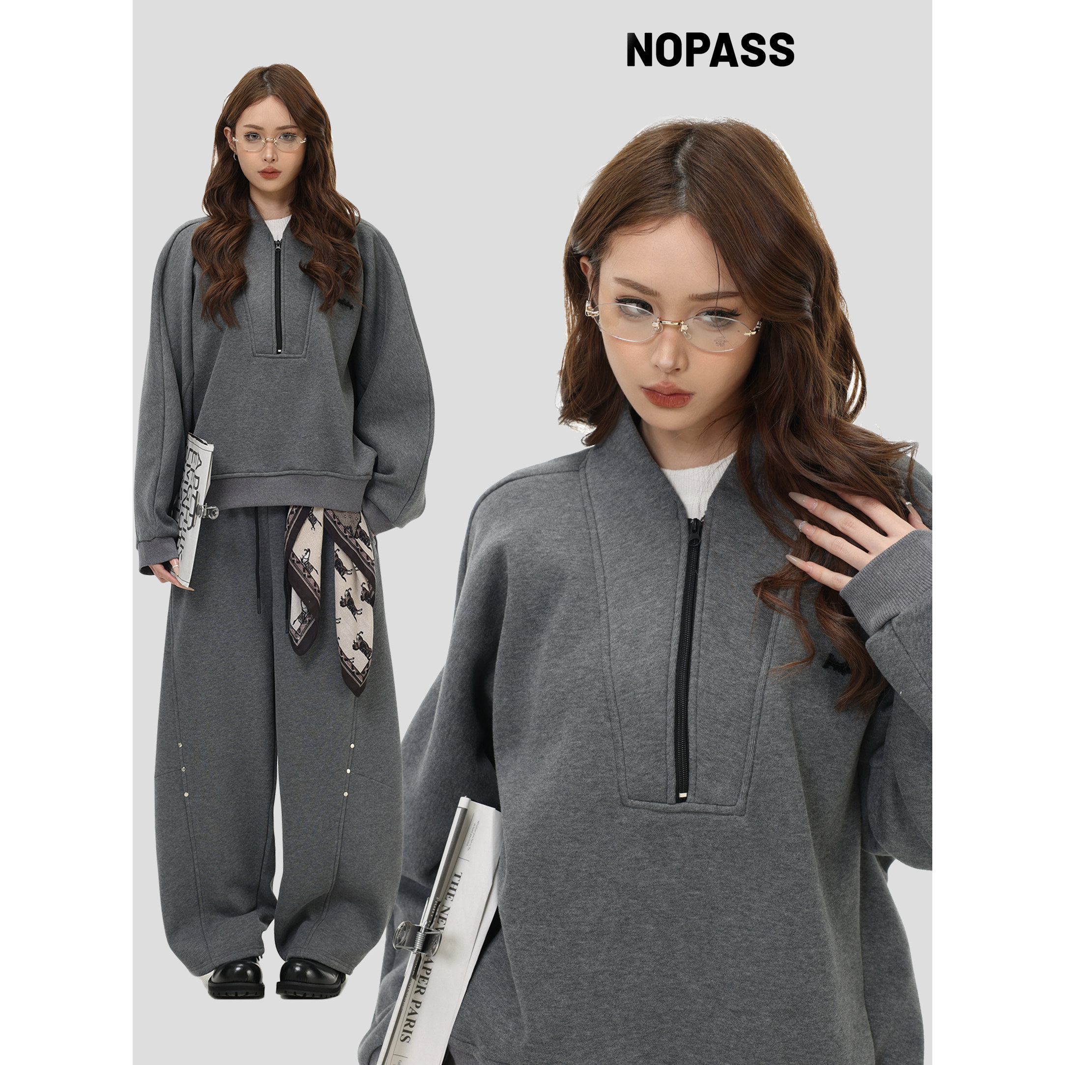 NOPASS 国潮原创美式复古「方巾半拉链加绒卫衣」宽松套头上衣女