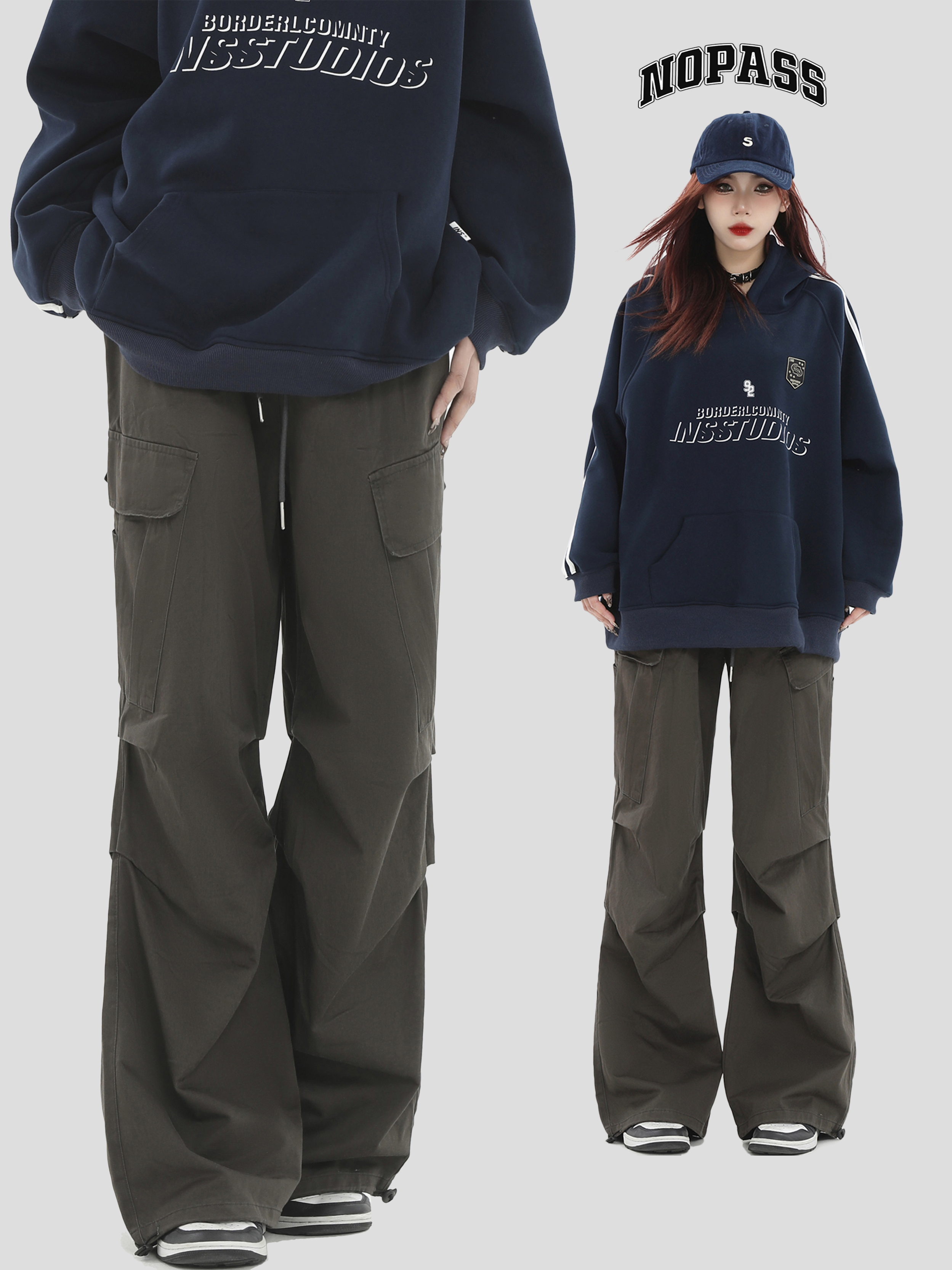 NOPASS多口袋褶皱工装裤
