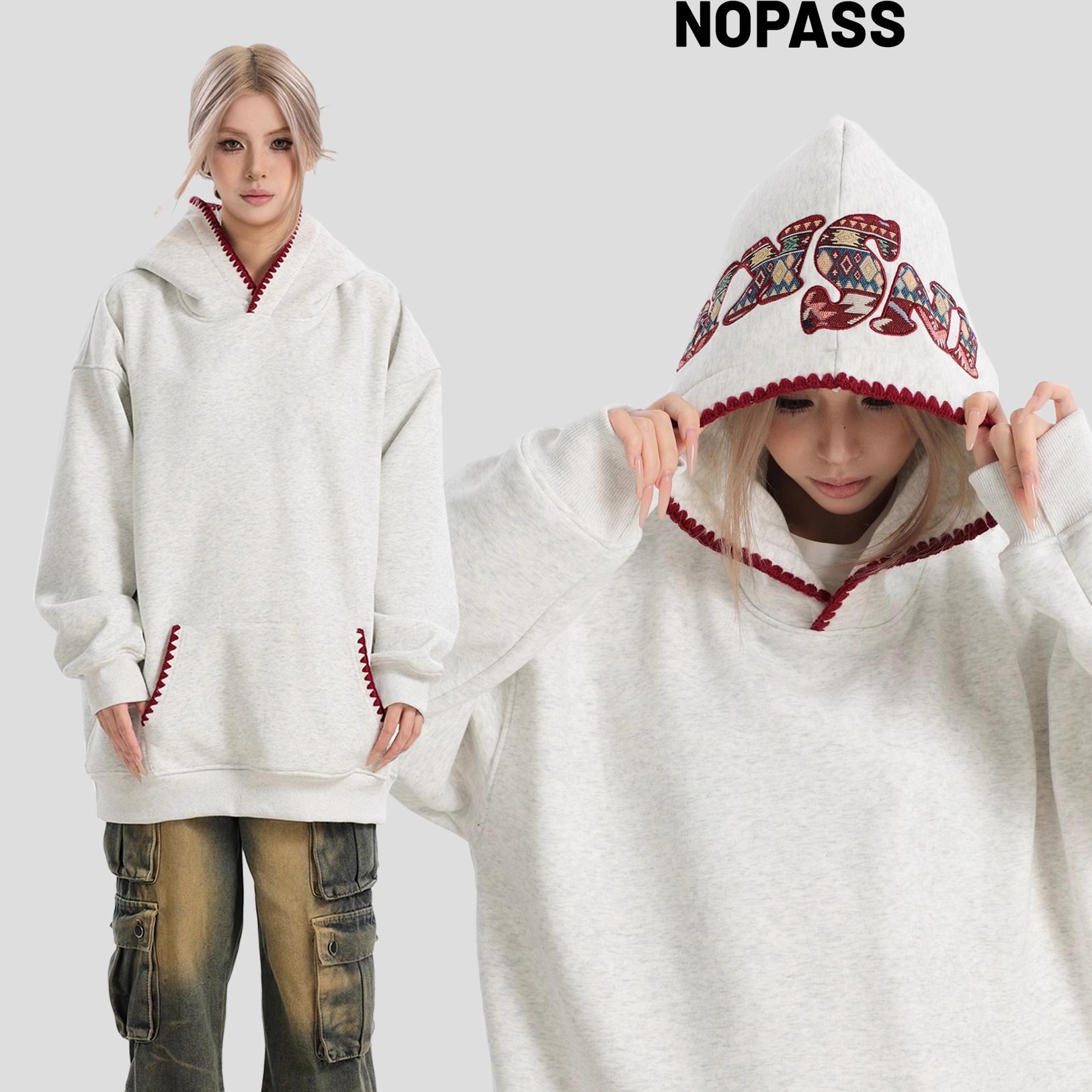 NOPASS 国潮情侣原创美式贝壳贴布绣字母连帽卫衣宽松加绒帽衫女