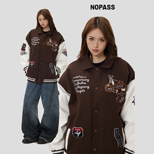 NOPASS 复古「毛巾绣LOGO翻领棒球服」宽松夹克外套 国潮原创美式