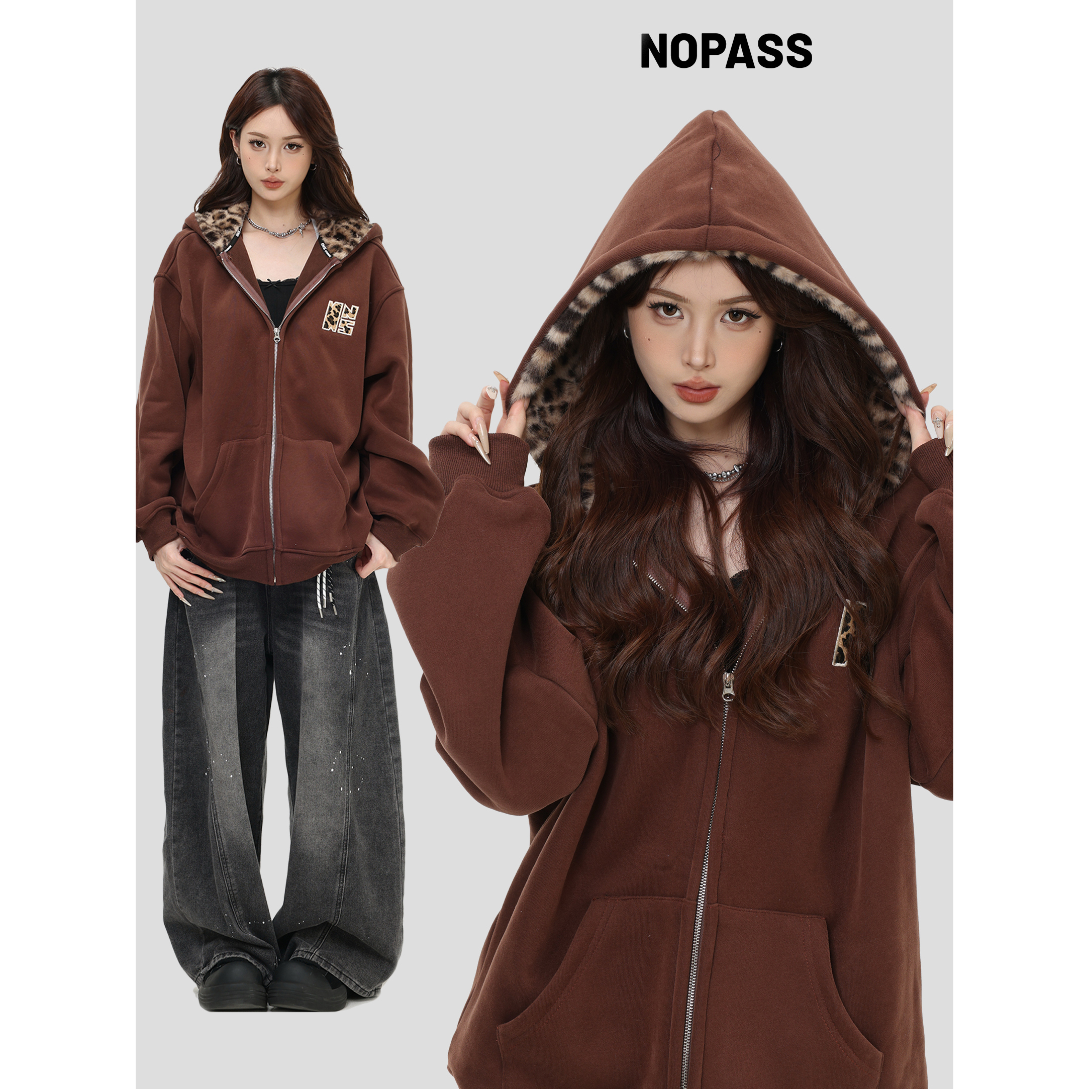 NOPASS豹纹贴布绣连帽卫衣