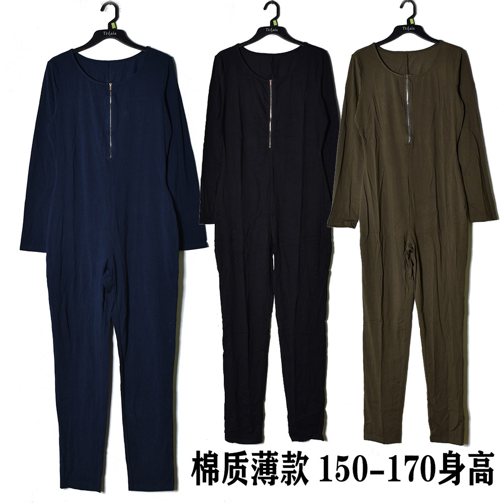 外贸棉质女式长袖连体睡衣家居服 纯色薄款春夏秋季连体裤外出服