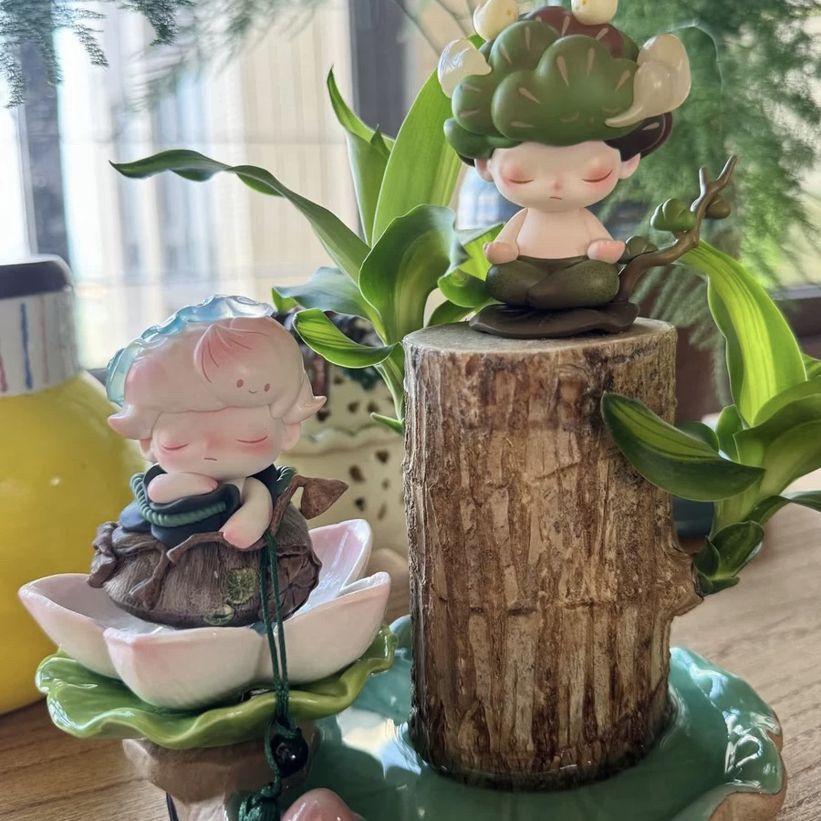 泡泡玛特dimoo一盏风月sp盲盒莲花底座收纳展示架古风实木架造景