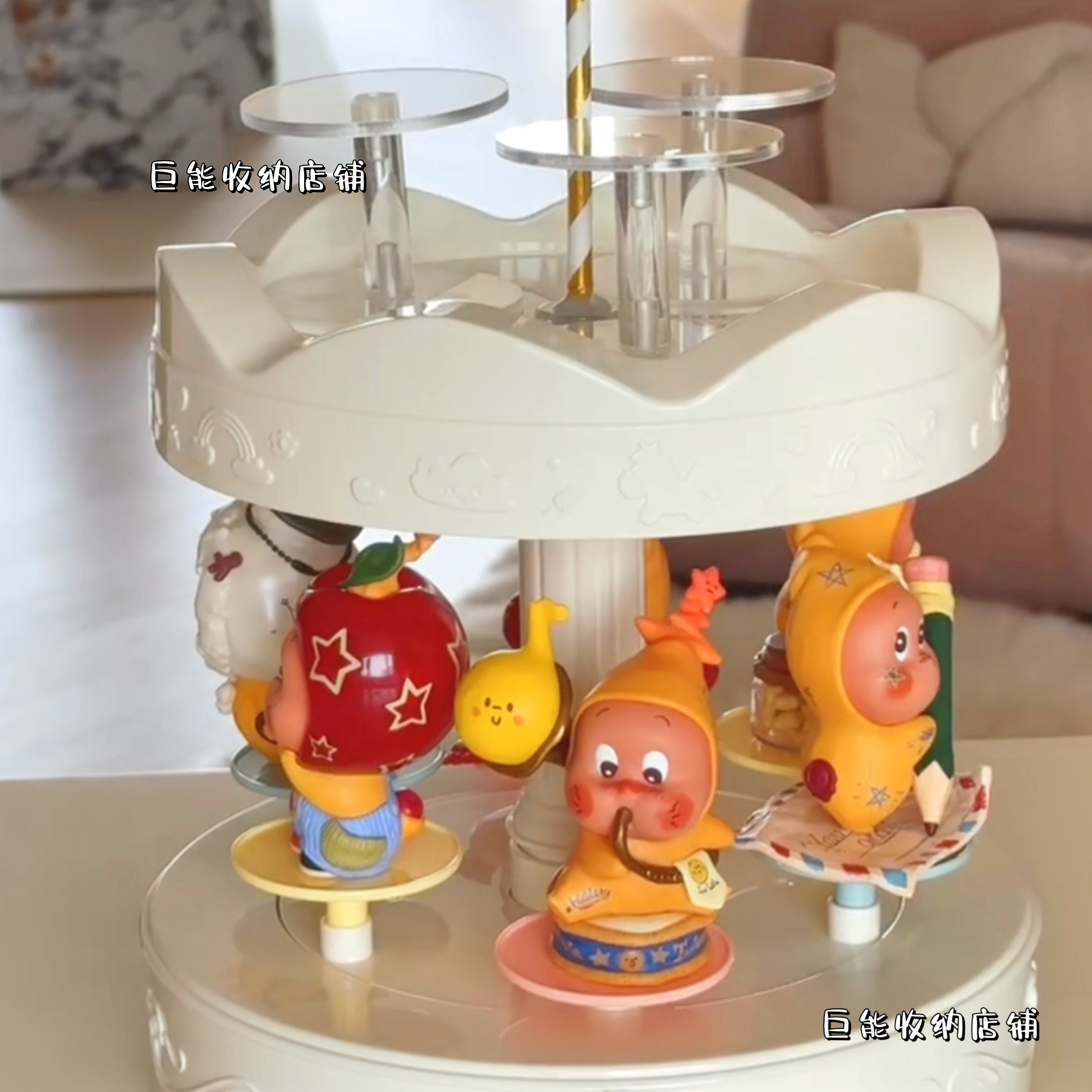 泡泡玛特123星星人自动旋转手办盲盒收纳原木阶梯展示架木马乐园