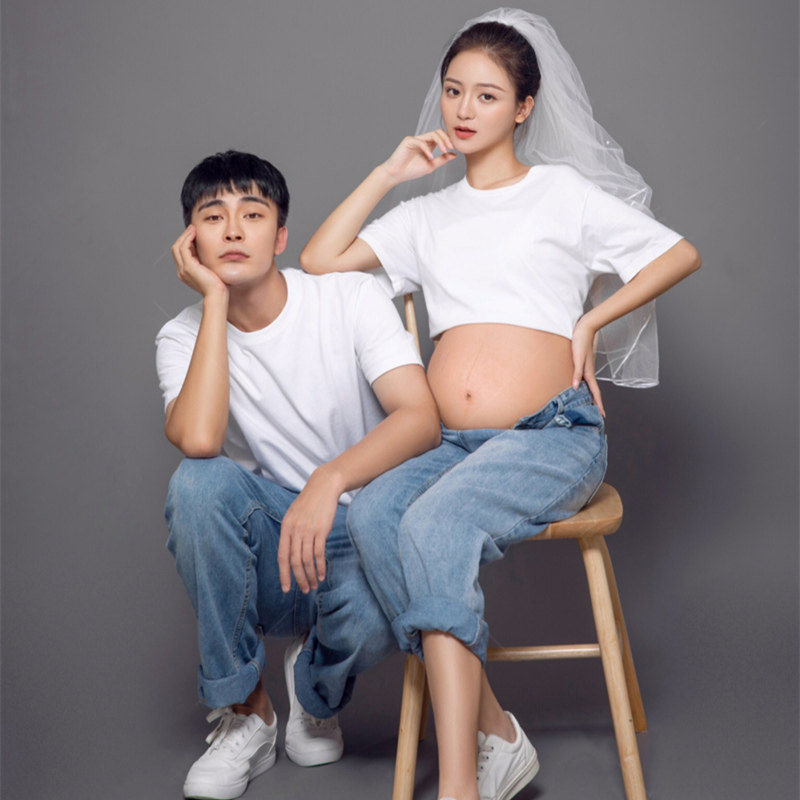 新款影楼孕妇情侣摄影服饰韩版写真服装时尚艺术照衣服拍照牛仔服