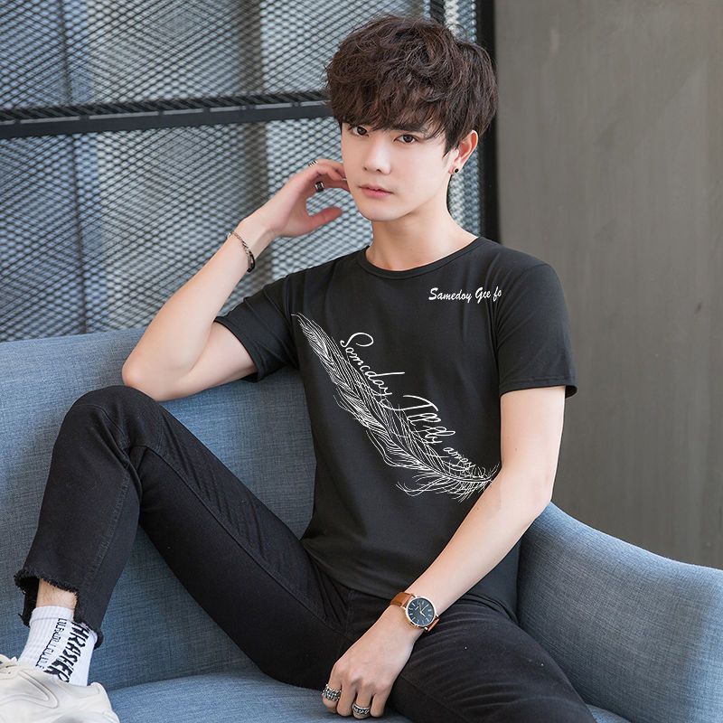1508-DT16-P8短袖T恤夏新款冰丝感潮短袖男装宽松衣服T恤男羽毛白,男装T恤,星座1508-1