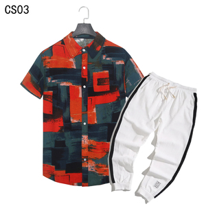 1508-CS01+K522-P50亚麻短袖衬衣休闲薄款衬衫两件套修身短袖套装图片