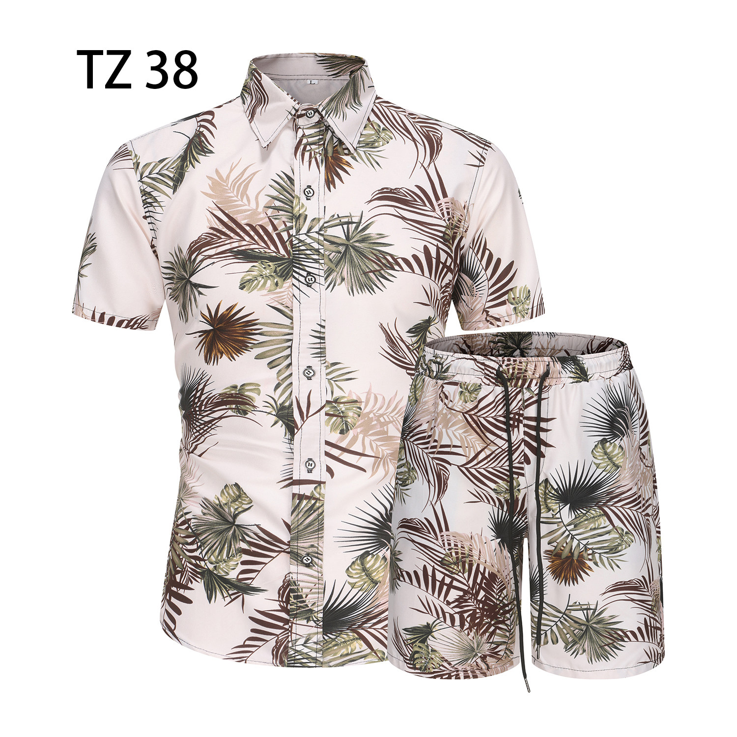 1508-TZ38-P40夏装新款港风印花短袖衬衫套装两件套免烫沙滩裤图片