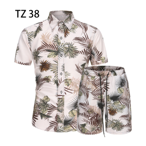 1508-TZ38-P40夏装新款港风印花短袖衬衫套装两件套免烫沙滩裤图片