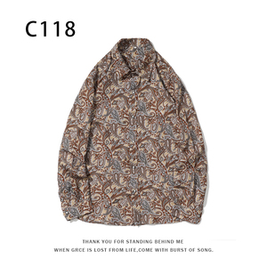 1508-C118-P25秋装新款港风印花长袖衬衫免烫休闲衬衣潮修身上衣图片