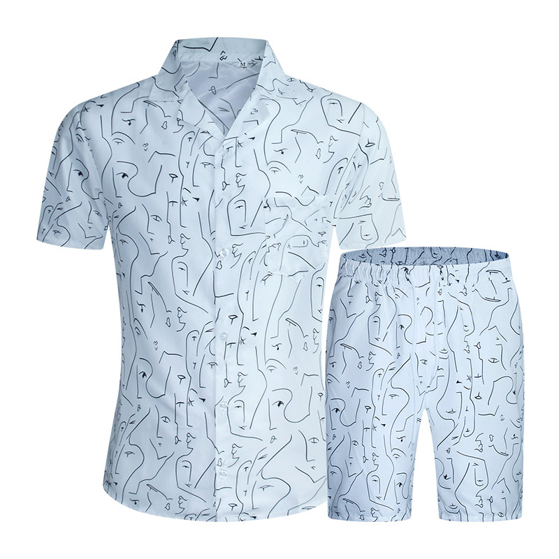 1508-TZ04-P40夏季短袖衬衣休闲薄款印花衬衫两件套修身短袖套装，男装T恤，星座1508-1