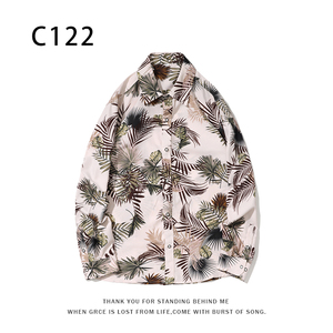 1508-C122-P25秋装新款港风印花长袖衬衫免烫休闲衬衣潮修身上衣图片