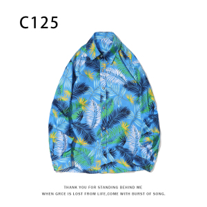 1508-C125-P25秋装新款港风印花长袖衬衫免烫休闲衬衣潮修身上衣