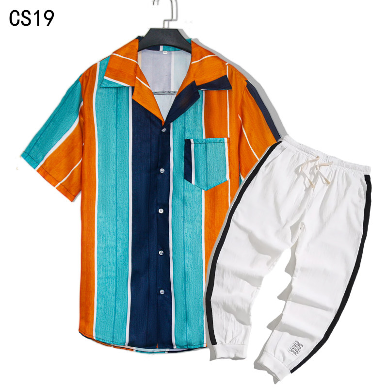 1508-CS19+K522-P45外贸欧美跨境现货短袖衬衫套装夏威夷沙滩衬衣，男装T恤，星座1508-1
