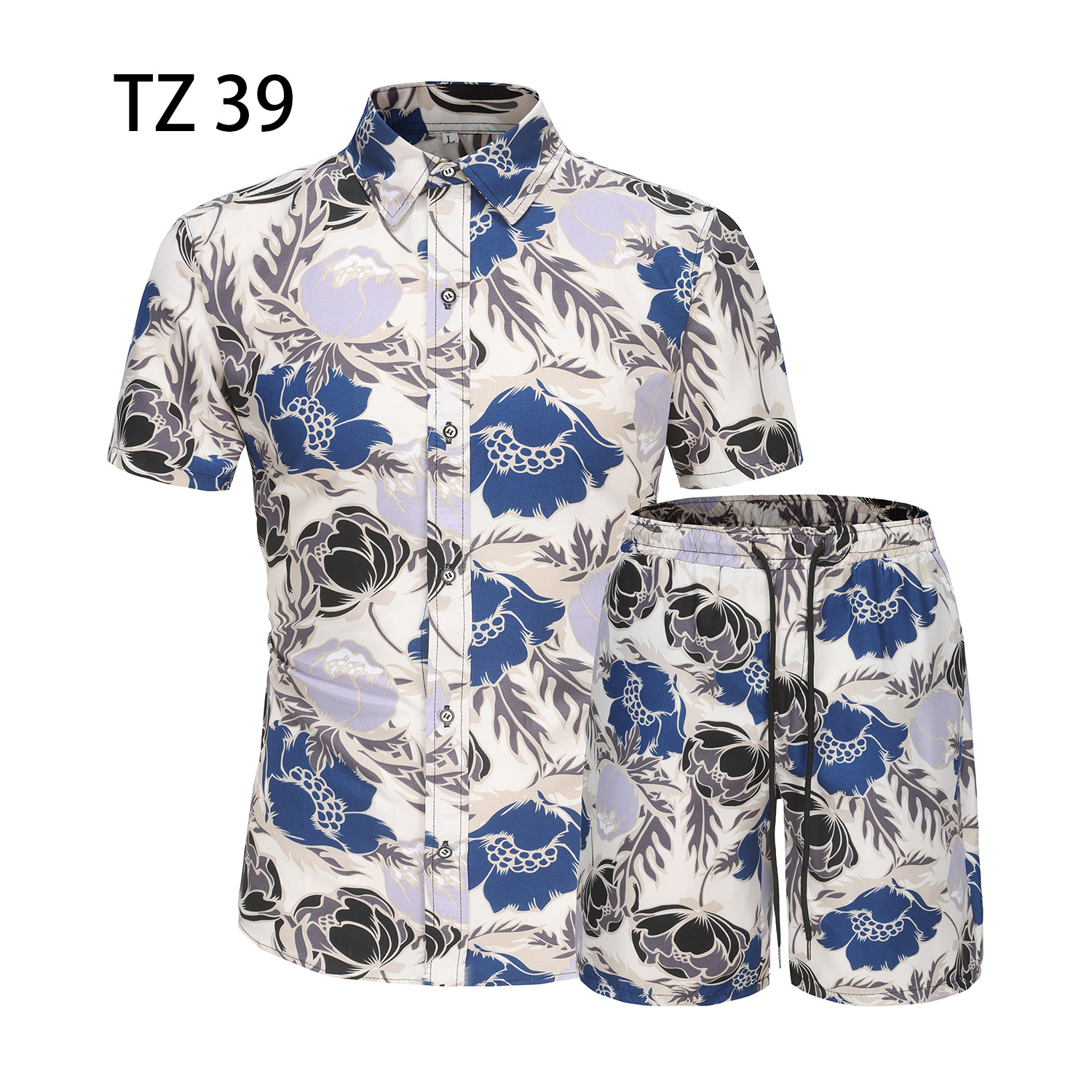 1508-TZ39-P40夏装新款港风印花短袖衬衫套装两件套免烫沙滩裤图片