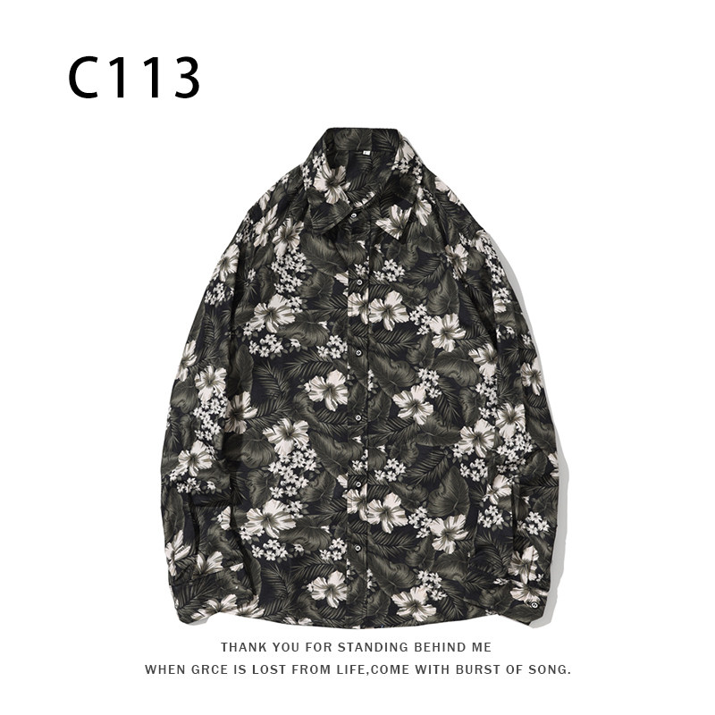 1508-C113-P25秋装新款港风印花长袖衬衫免烫休闲衬衣潮修身上衣图片