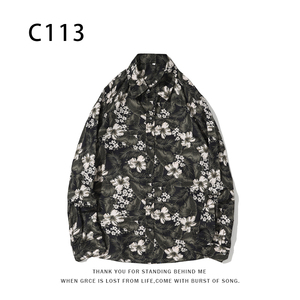 1508-C113-P25秋装新款港风印花长袖衬衫免烫休闲衬衣潮修身上衣图片