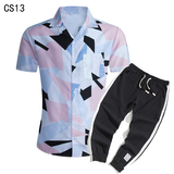 1508-CS13+K522-P45外贸欧美跨境现货短袖衬衫套装夏威夷沙滩衬衣，男装T恤，星座1508-1