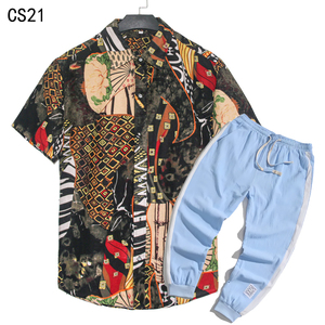 1508-CS21+K522-P45外贸欧美跨境现货短袖衬衫套装夏威夷沙滩衬衣图片