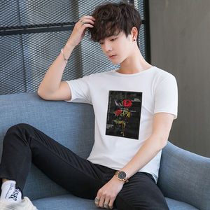 1508-DT16-P8短袖T恤夏新款冰丝感潮短袖男装宽松衣服T恤男羽毛白图片